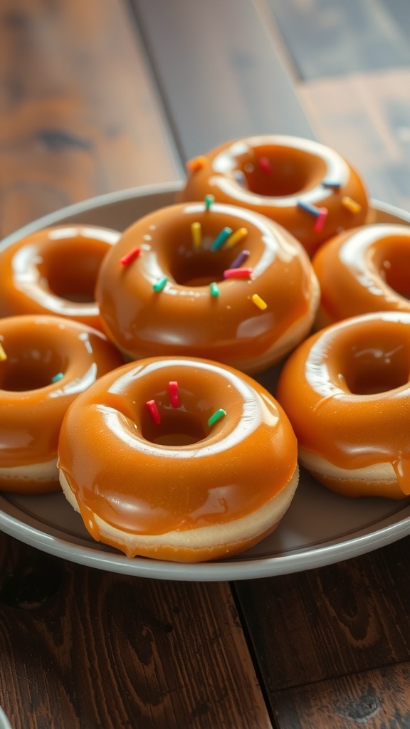 A plate of classic glazed donuts with a shiny glaze, some topped with colorful sprinkles, on a rustic wooden table.